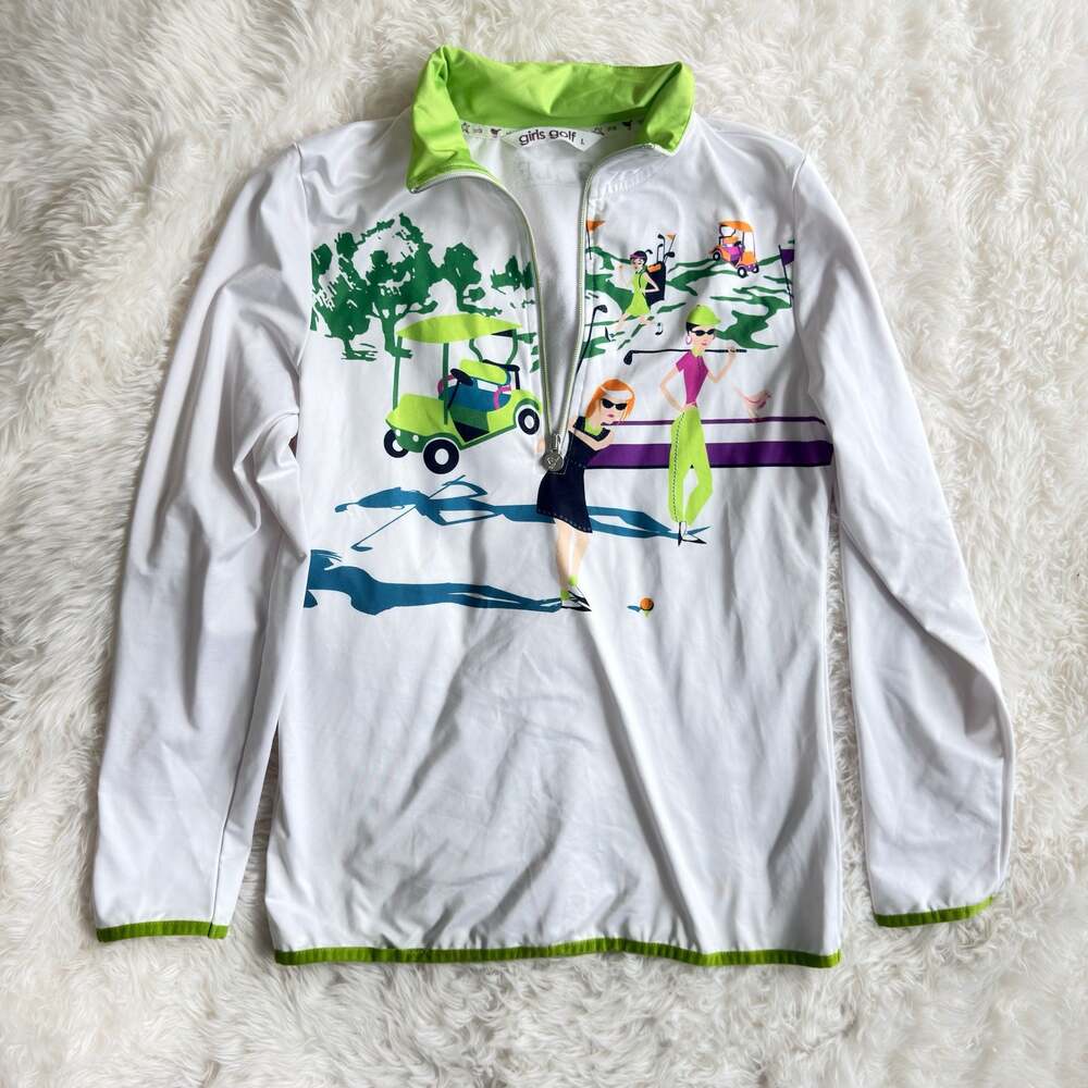 Girls Golf White Long Sleeve Quarter-Zip Pullover with Graphic Print